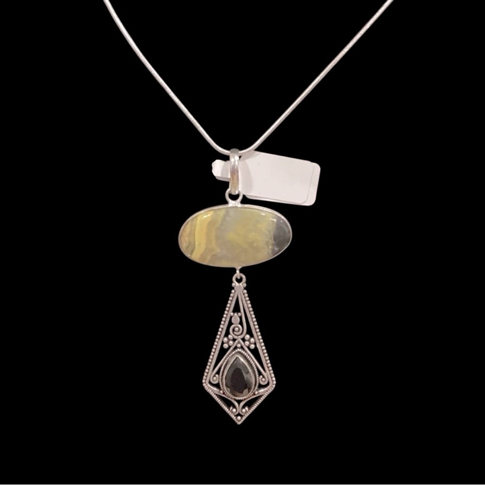 Bumblebee Jasper & Black Onyx 925 Stamped inside bale. Gemstone Pendant 3.1”